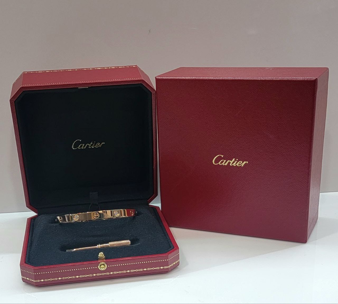18k Rose Gold Cartier Love Bracelet: Embellished with 0.42ct Brilliant-Cut Diamonds + Screwdriver Included